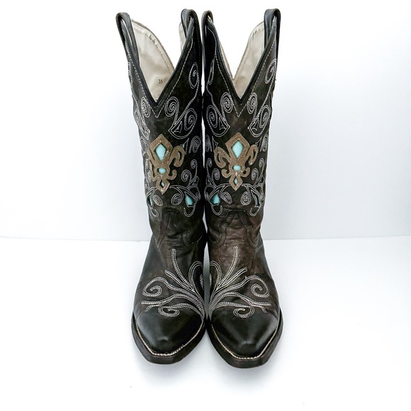 Dusty Rocker Dark Brown Black Leather Embroidered Snip Toe Cowboy Boots - Picture 2 of 11